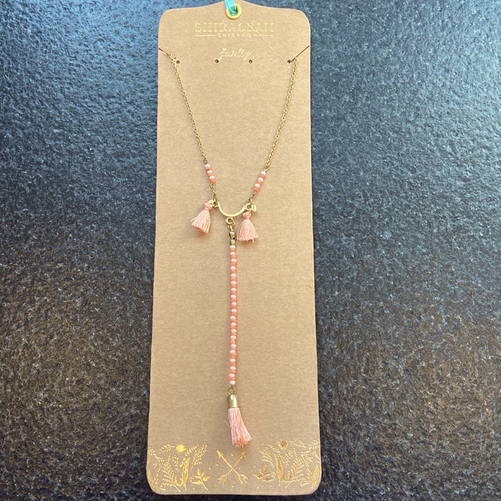 Shiraleah Peach Amalia Tassel Necklace gold beaded NWT